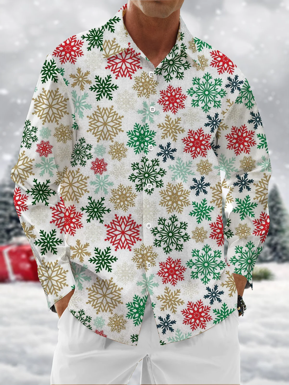 Moisture Wicking Gradient Geometric Snowflake Christmas Chest Pocket Long Sleeve Shirt