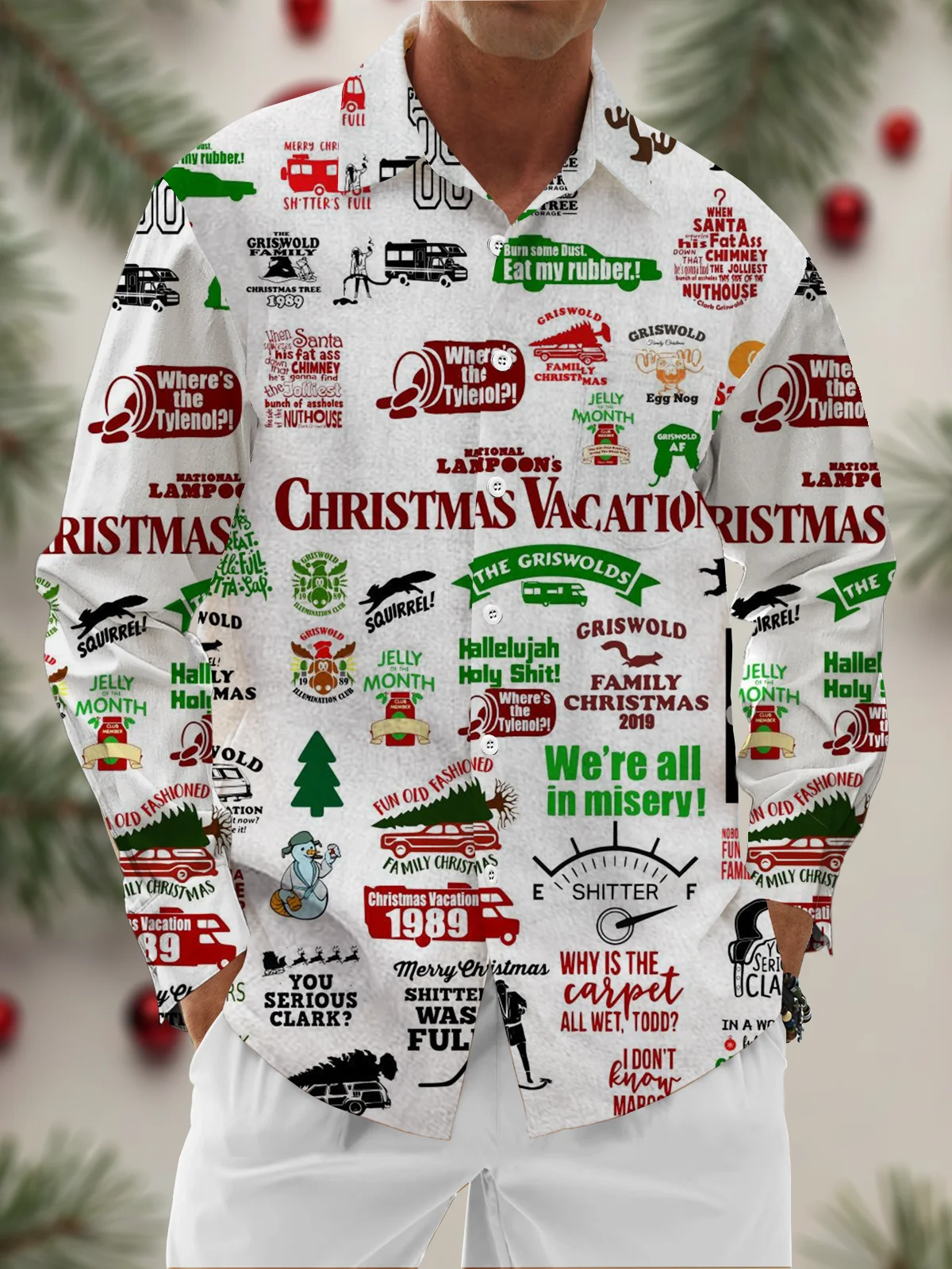 Moisture Wicking Christmas Story Chest Pocket Hawaiian Long Sleeve Shirt