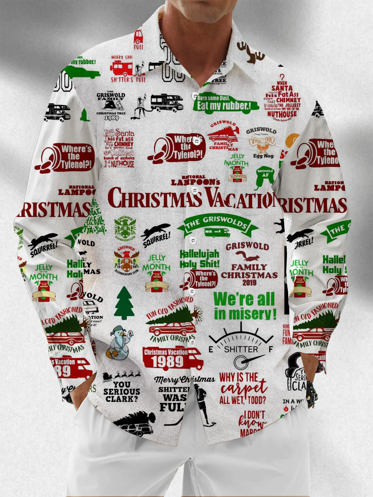 Moisture Wicking Christmas Story Chest Pocket Hawaiian Long Sleeve Shirt