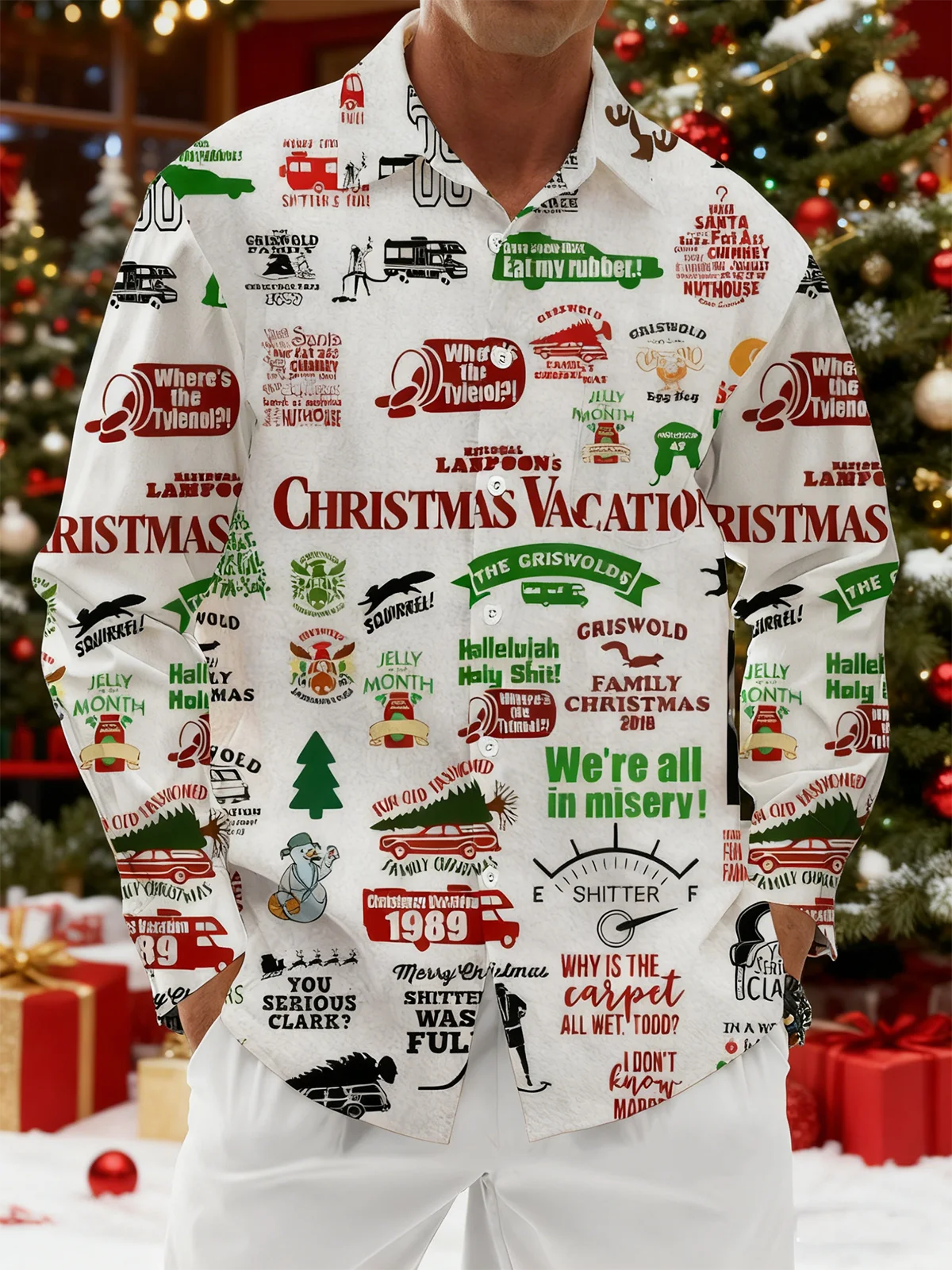 Moisture Wicking Christmas Story Chest Pocket Hawaiian Long Sleeve Shirt