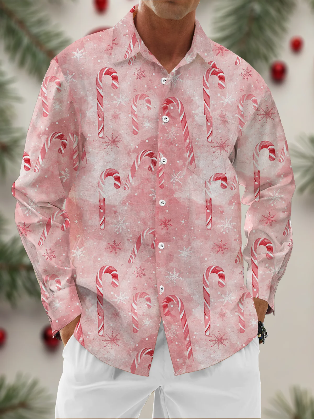 Moisture Wicking Candy Cane Merry Christmas Chest Pocket Long Sleeved Shirt