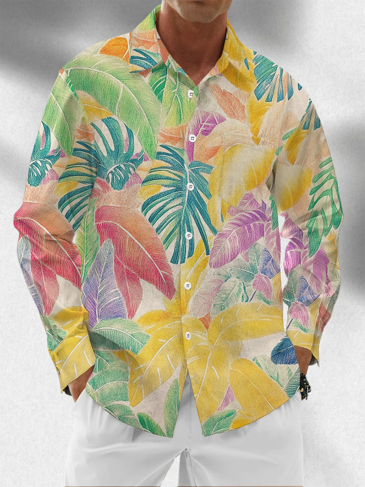 Moisture Wicking Hawaiian Plant Chest Pocket Long Sleeve Shirt