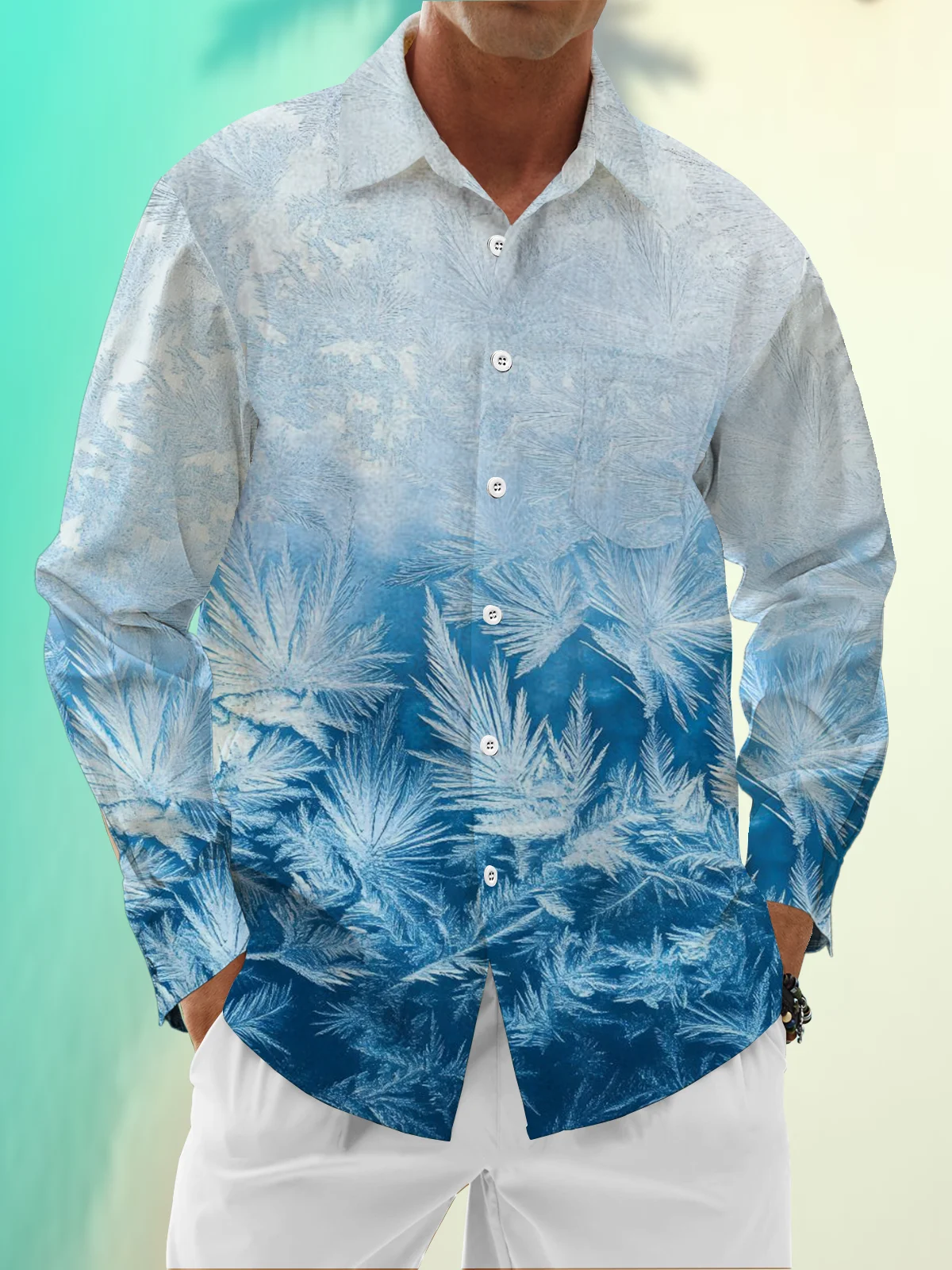 Moisture Wicking Gradient Snowflake Chest Pocket Long Sleeved Shirt