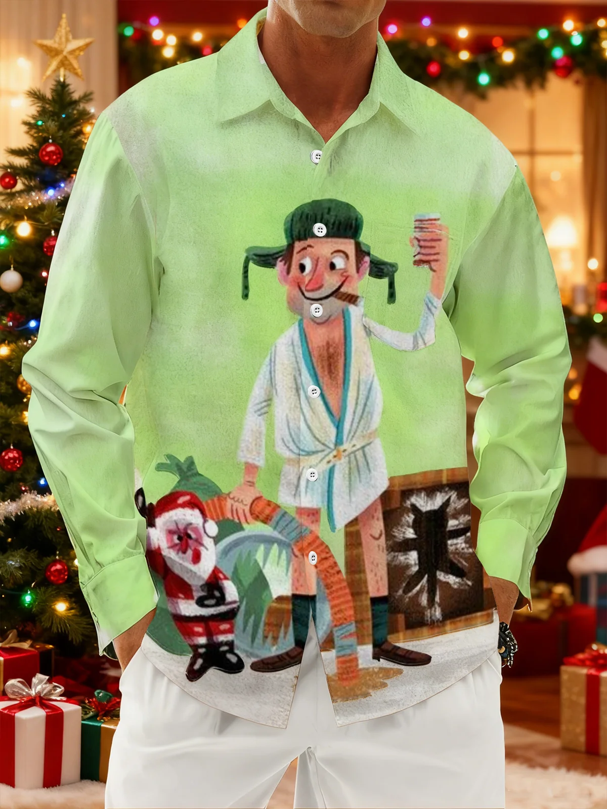 Moisture Wicking Christmas Story Eddie Chest Pocket Hawaiian Long Sleeve Shirt