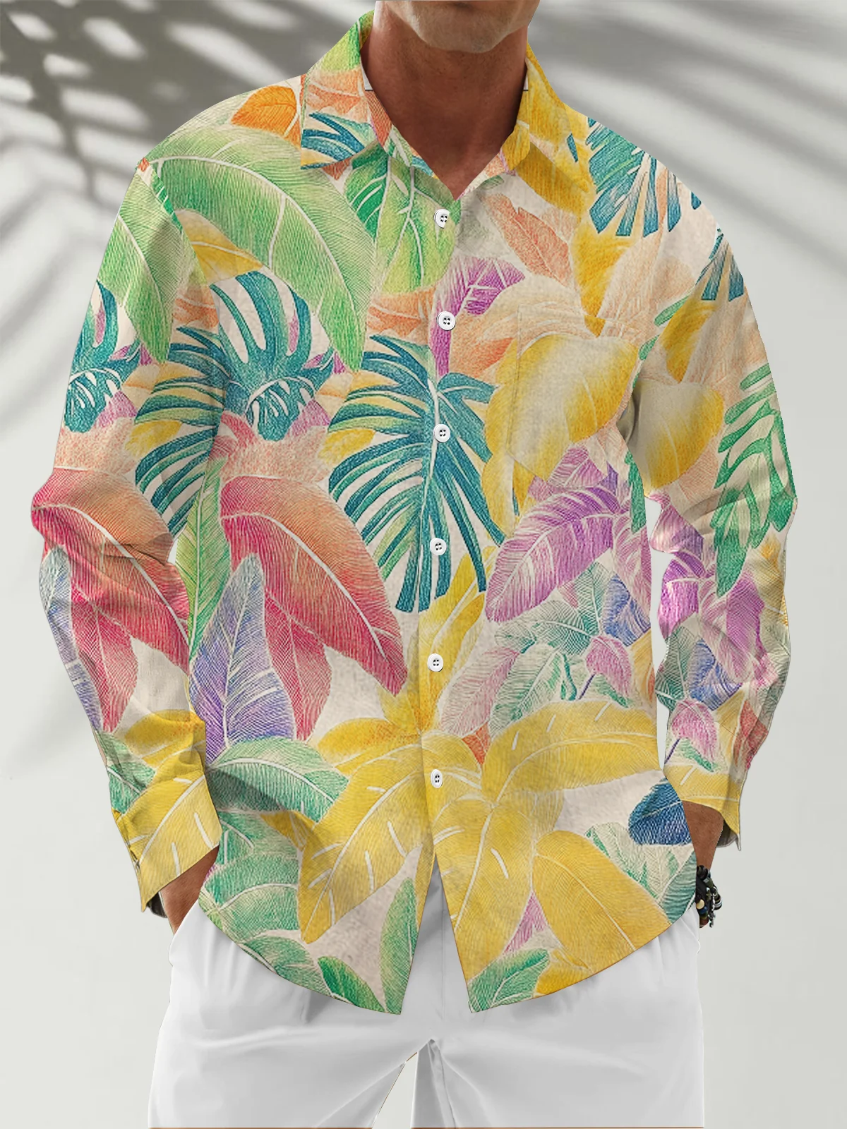 Moisture Wicking Hawaiian Plant Chest Pocket Long Sleeve Shirt