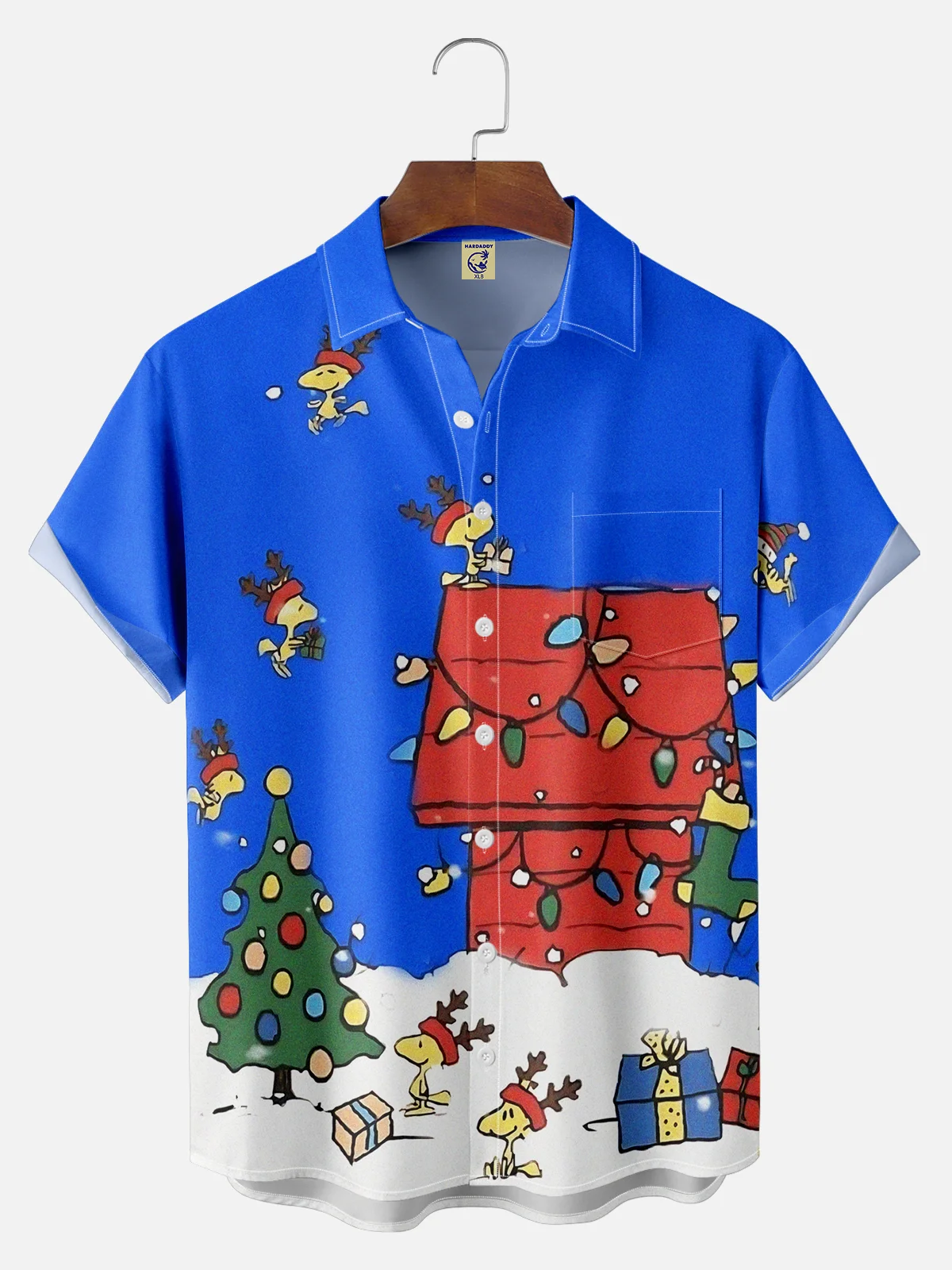 Big Size Moisture-wicking Christmas Red House Christmas Tree Fun Chest Pocket Casual Shirt