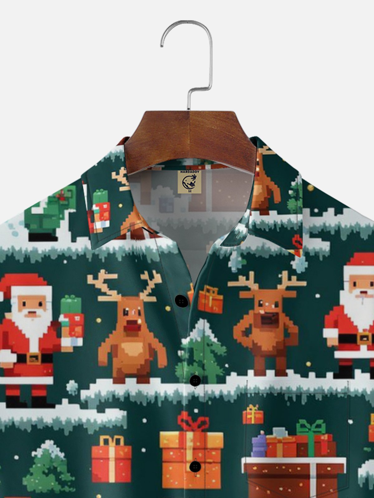 Moisture Wicking Pixel Art Santa Claus Christmas Tee Reindeer Chest Pocket Holiday Shirt
