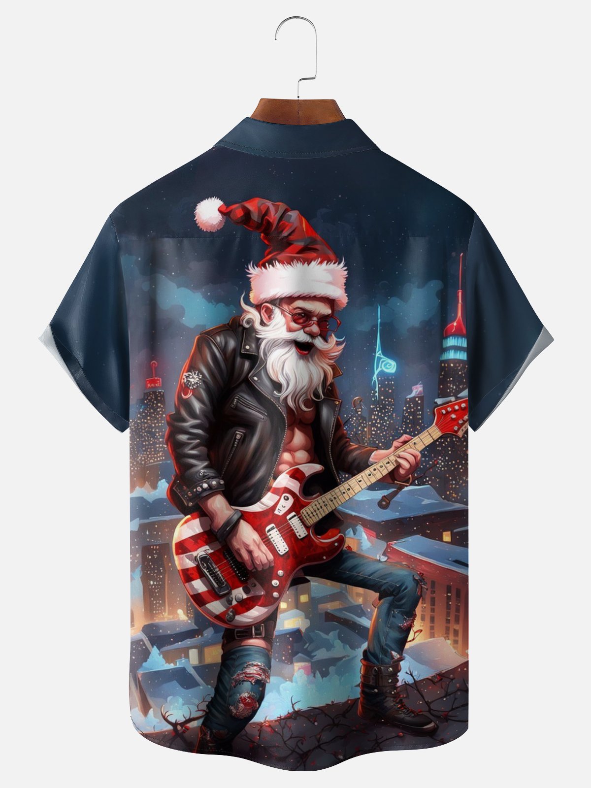 Moisture Wicking Rock Music Guitar Santa Claus Chest Pocket Holiday Shirt