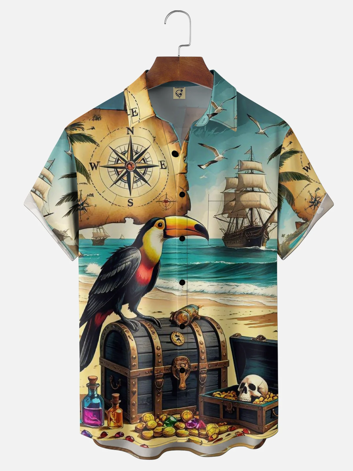 Moisture Wicking Sailboat Parrot Treasure Chest Pocket Holiday Shirt