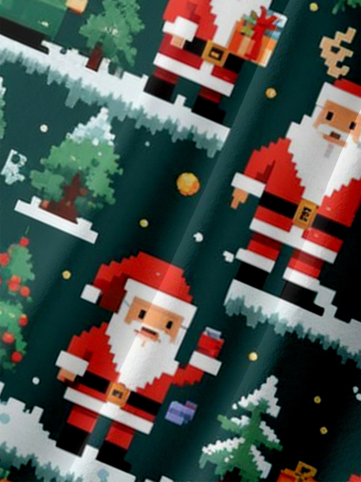 Moisture Wicking Pixel Art Santa Claus Christmas Tee Reindeer Chest Pocket Holiday Shirt