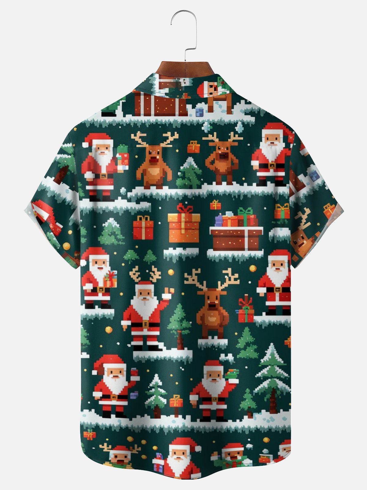Moisture Wicking Pixel Art Santa Claus Christmas Tee Reindeer Chest Pocket Holiday Shirt