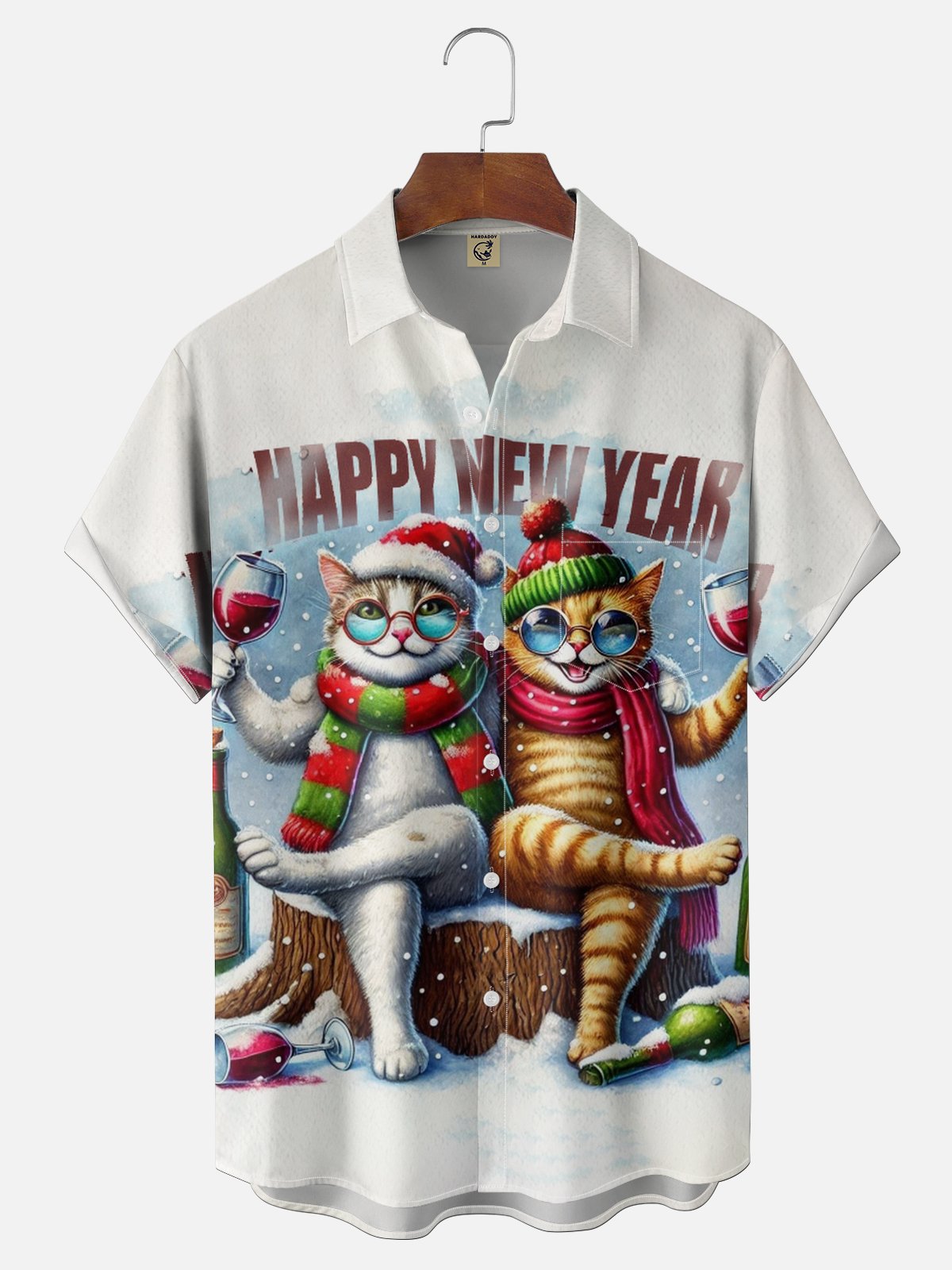 Moisture-wicking New Year Cat Fun Red Wine Chest Pocket Casual Shirt