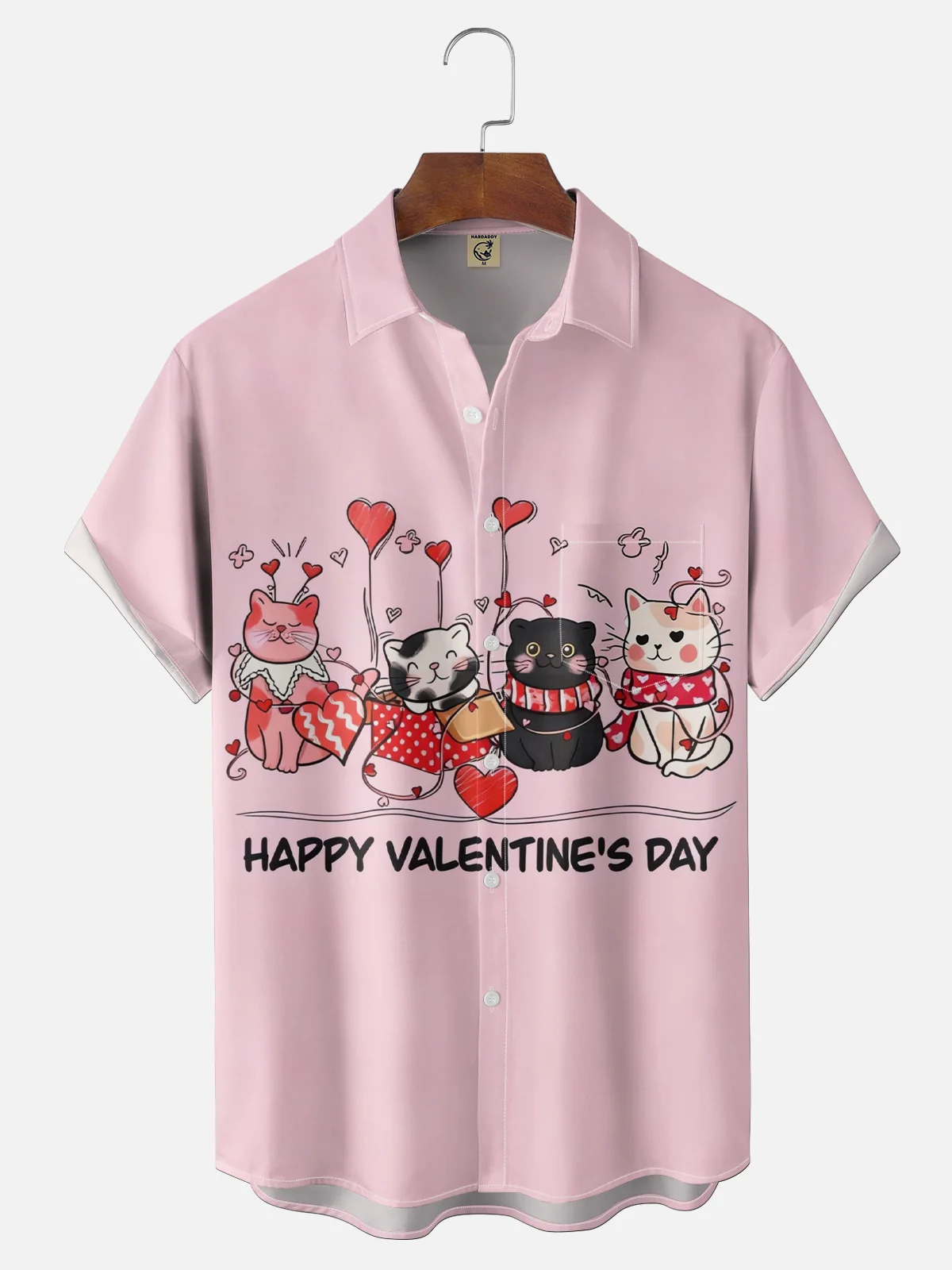 Moisture-wicking Valentine‘s Day Cats Heart Chest Pocket Casual Shirt