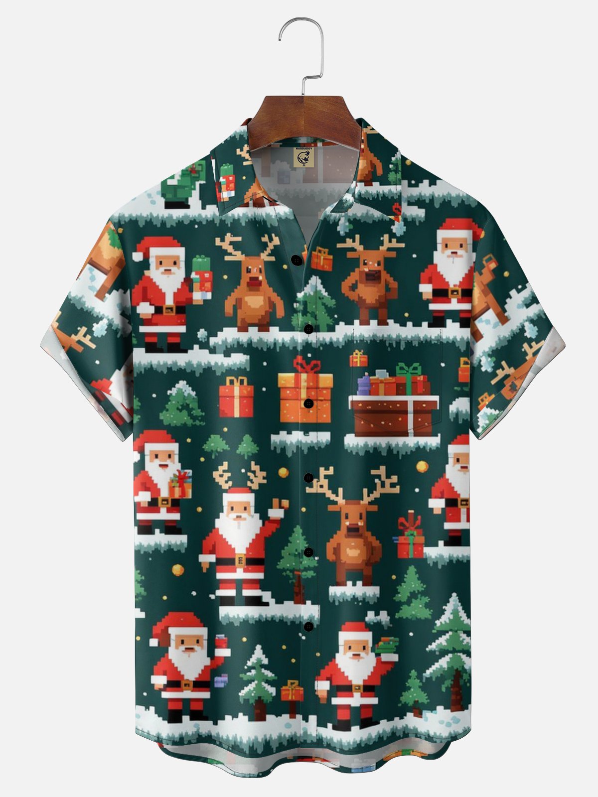Moisture Wicking Pixel Art Santa Claus Christmas Tee Reindeer Chest Pocket Holiday Shirt