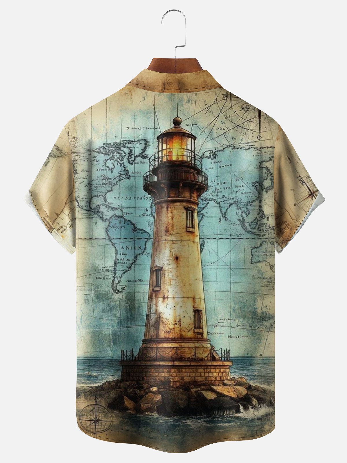 Moisture Wicking Distressed Map Gradient Lighthouse Chest Pocket Holiday Shirt