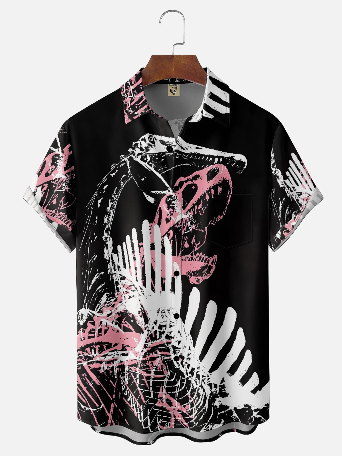 Moisture-wicking Rock Punk Dinosaur Skull Art Music Festival Chest Pocket Casual Shirt