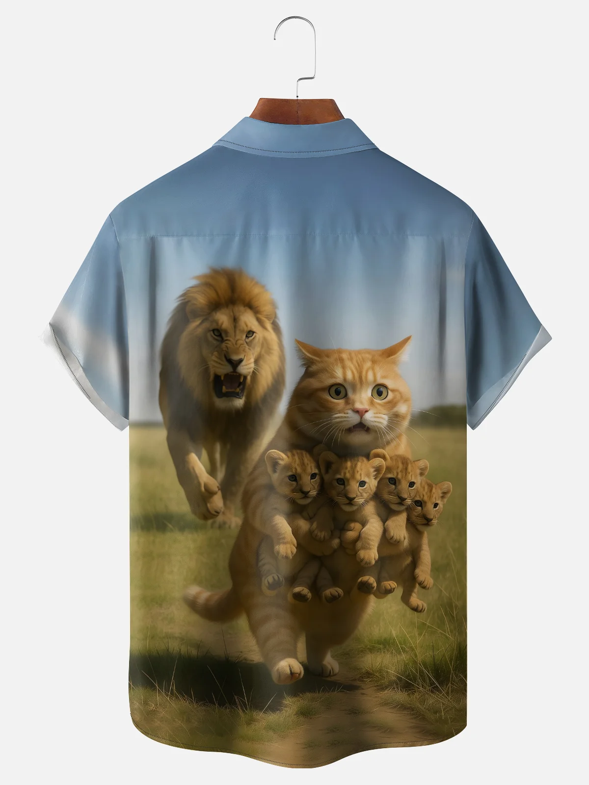 Moisture Wicking, Fun Cat Stealing Lion Chest Pocket Holiday Shirt