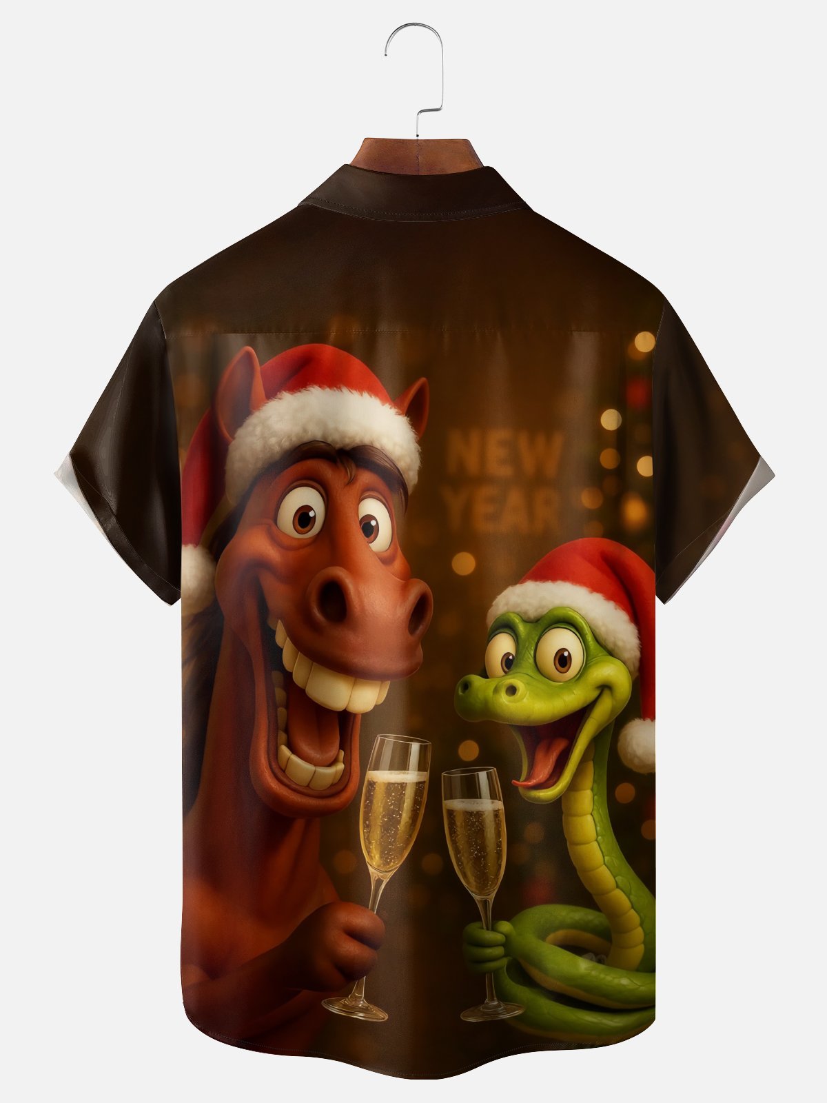 Moisture-wicking Christmas Happy New Year Horse Snake Chest Pocket Casual Shirt