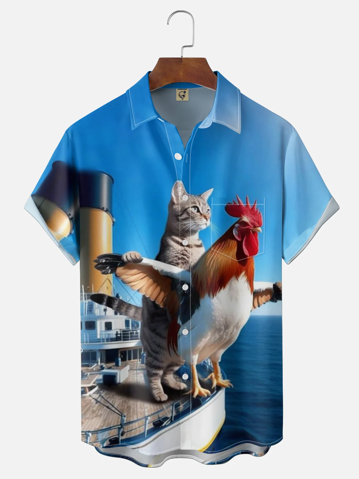 Moisture-wicking Cat and Chicken Fun Titanic Chest Pocket Hawaiian Shirt