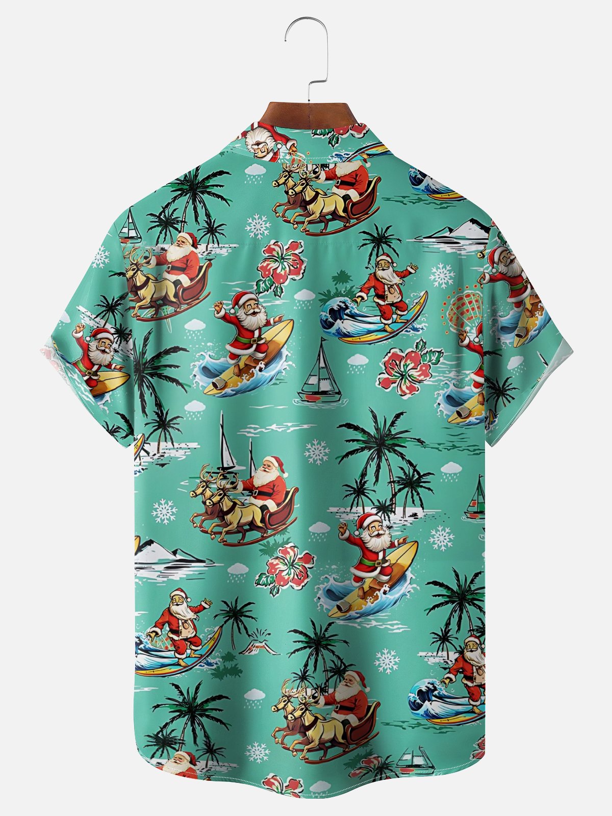 Moisture Wicking Santa Claus Beach Surfing Coconut Tree Chest Pocket Holiday Shirt