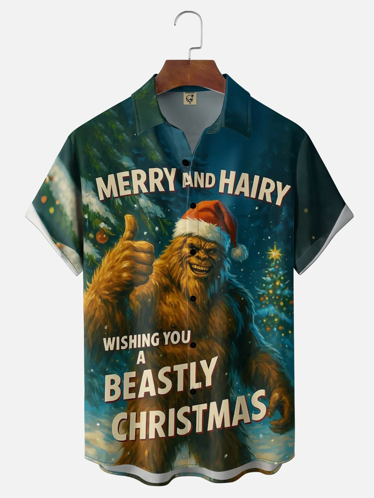 Moisture Wicking Fun Christmas Bigfoot Chest Pocket Holiday Shirt