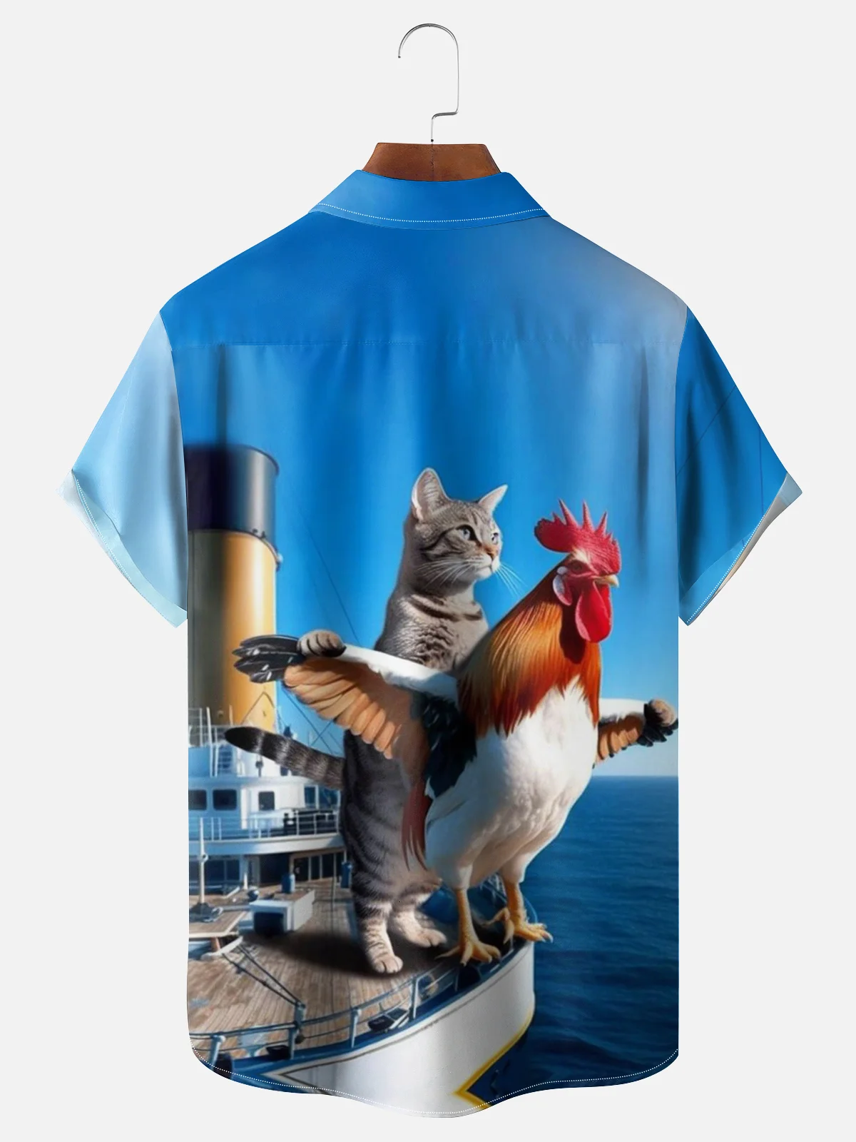 Moisture-wicking Cat and Chicken Fun Titanic Chest Pocket Hawaiian Shirt
