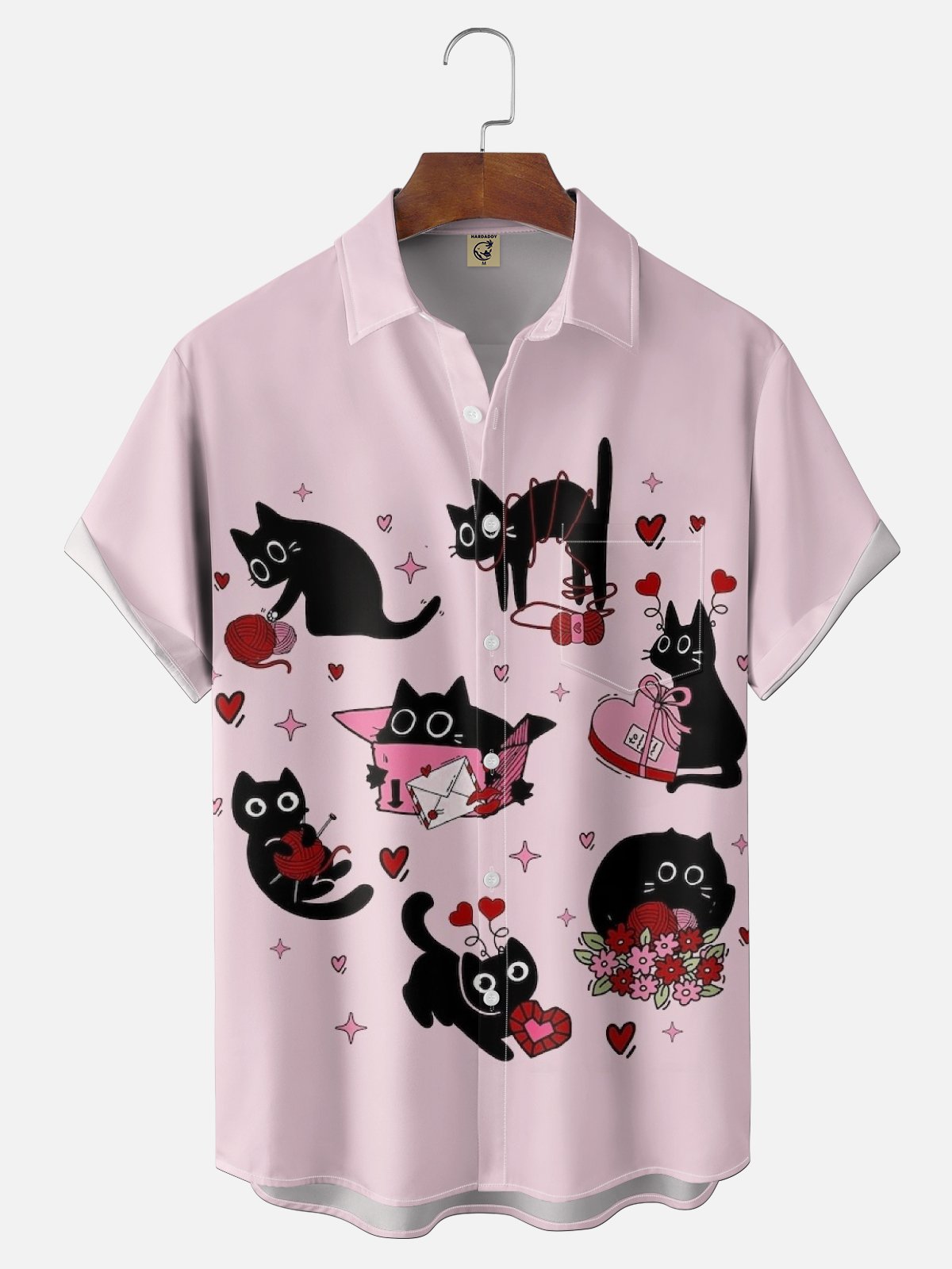 Moisture-wicking Valentine Cat Heart Chest Pocket Casual Shirt