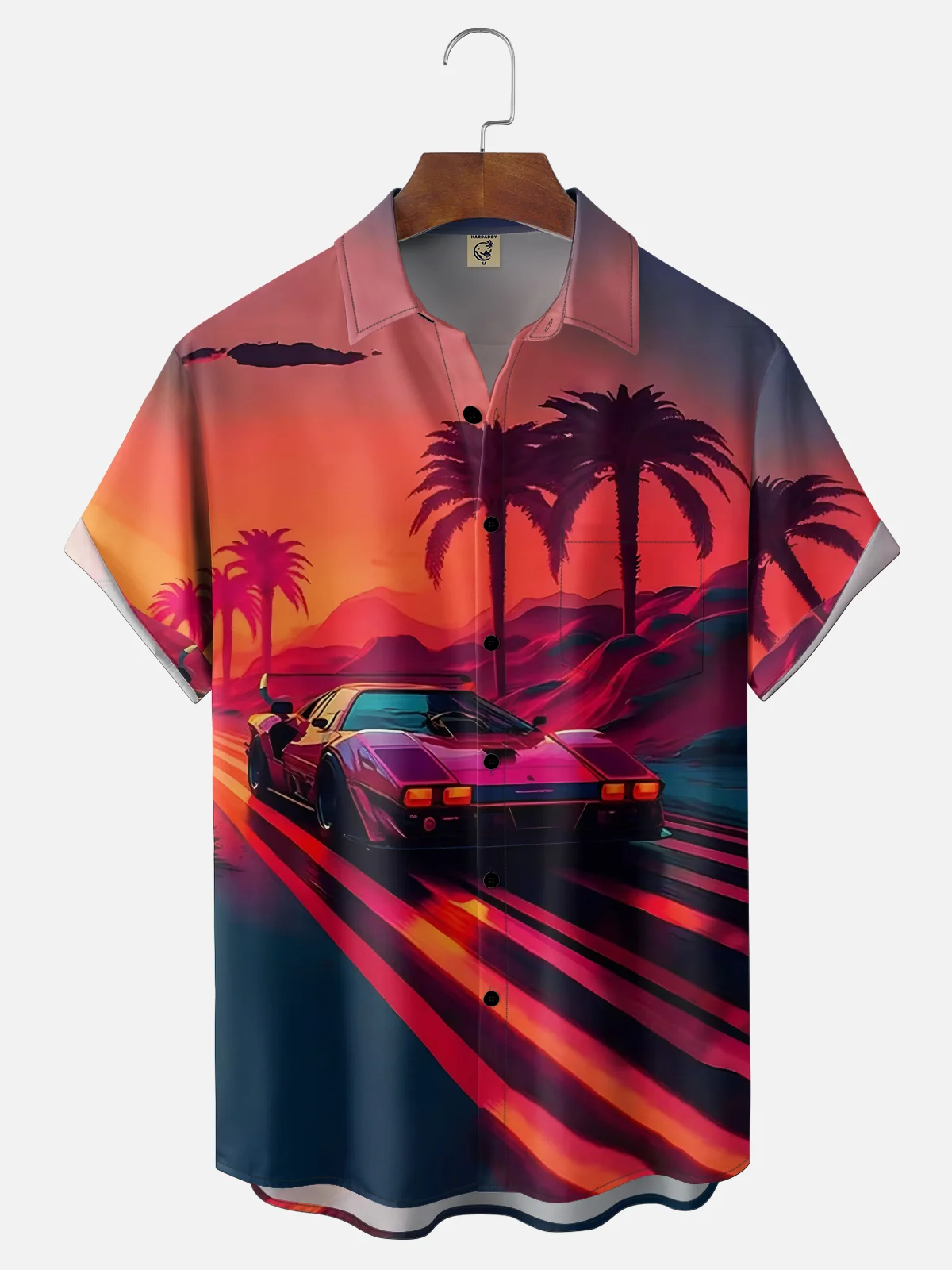 Moisture Wicking Vintage Sunset Car Chest Pocket Holiday Shirt