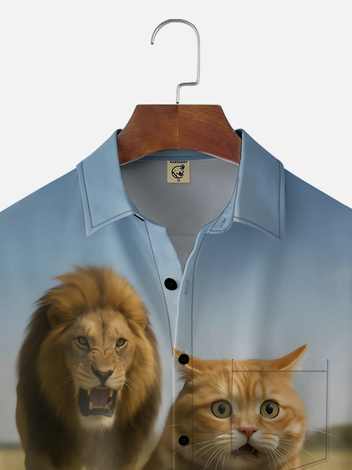 Moisture Wicking, Fun Cat Stealing Lion Chest Pocket Holiday Shirt