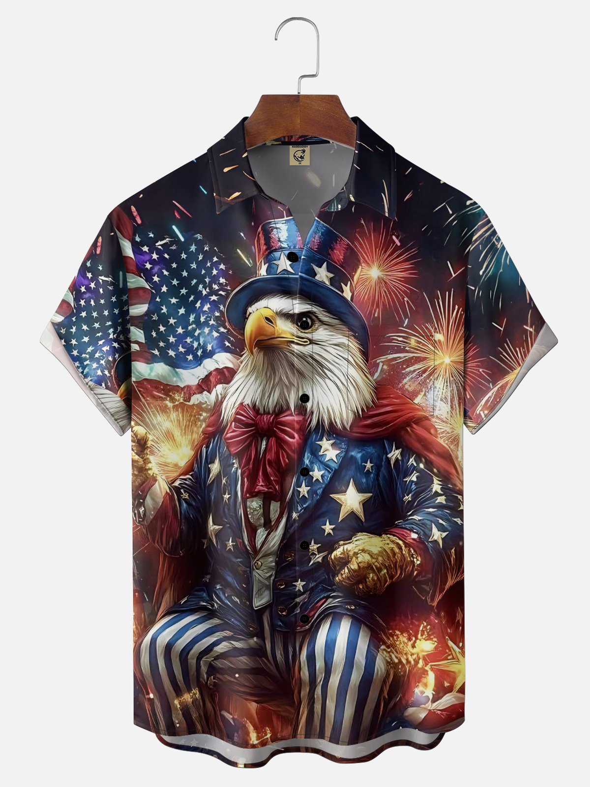 Moisture Wicking Gradient New Year Fireworks Eagle American Flag Chest Pocket Holiday Shirt
