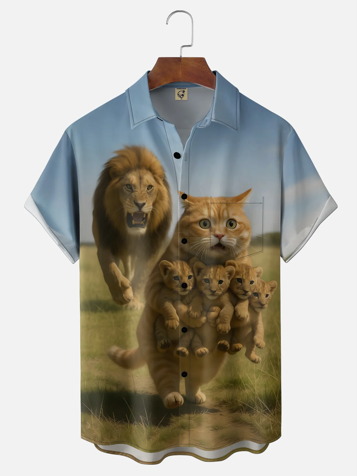 Moisture Wicking, Fun Cat Stealing Lion Chest Pocket Holiday Shirt