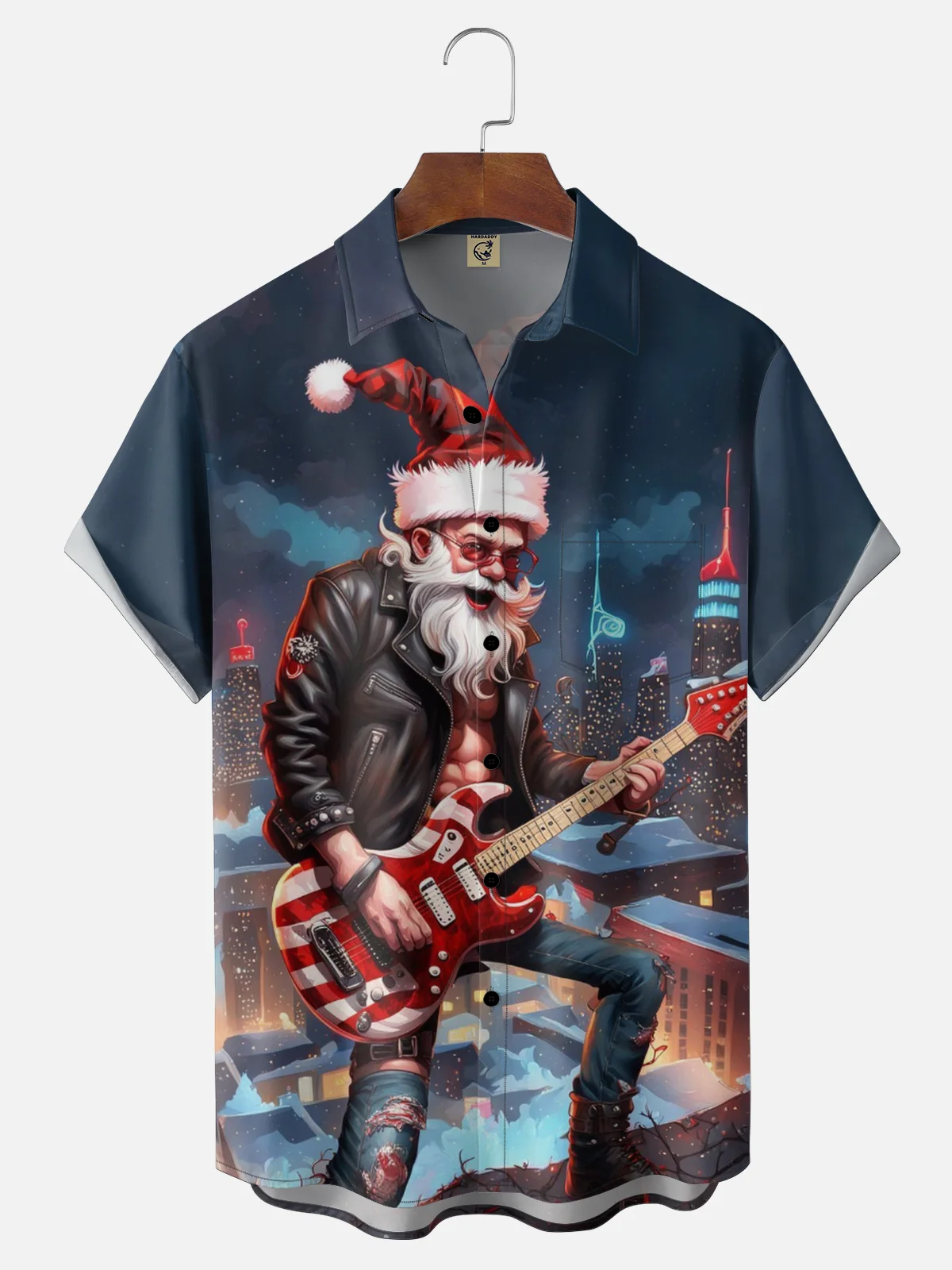 Moisture Wicking Rock Music Guitar Santa Claus Chest Pocket Holiday Shirt