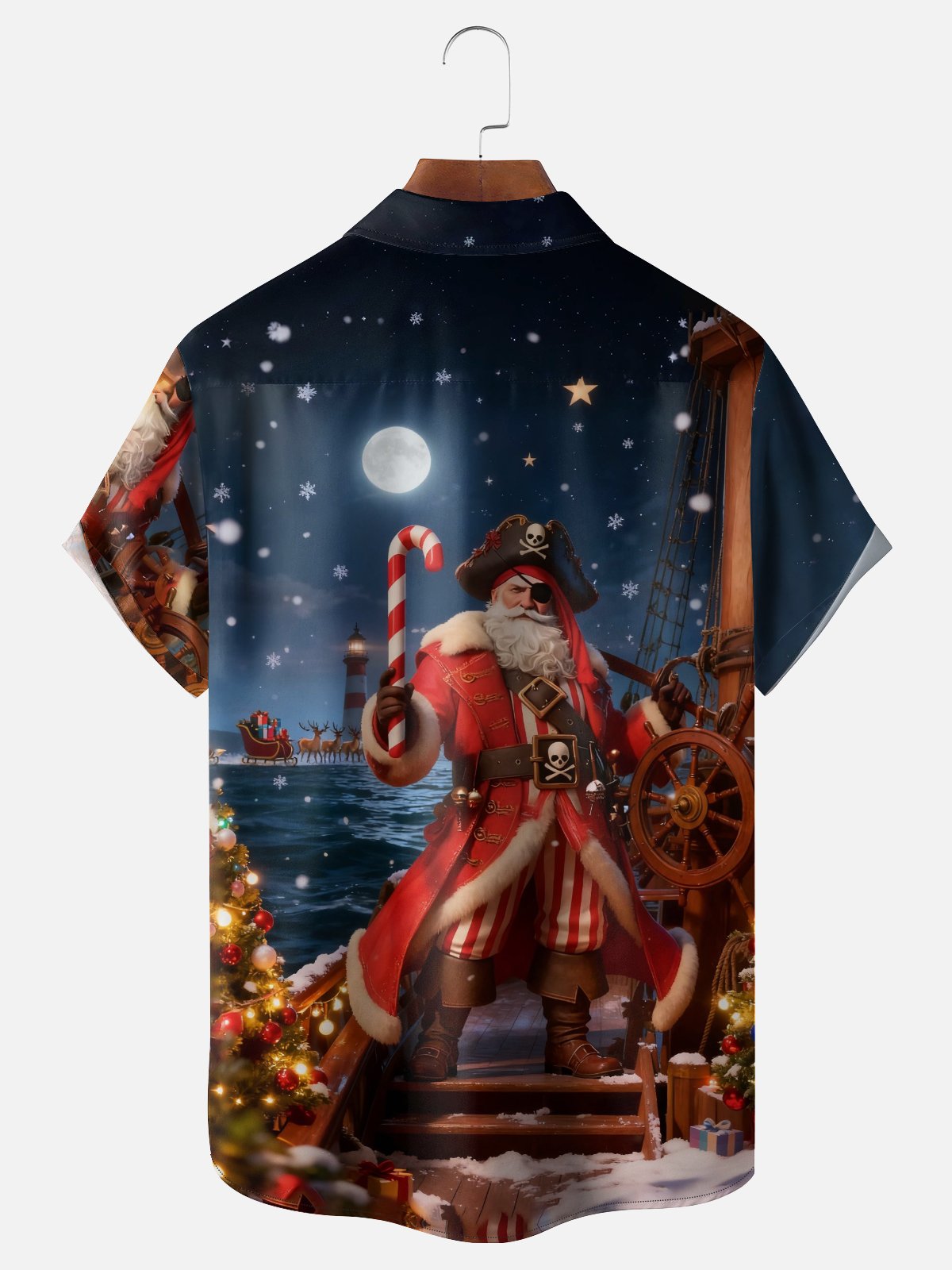 Moisture-wicking Christmas Santa Pirate Ship Chest Pocket Casual Shirt