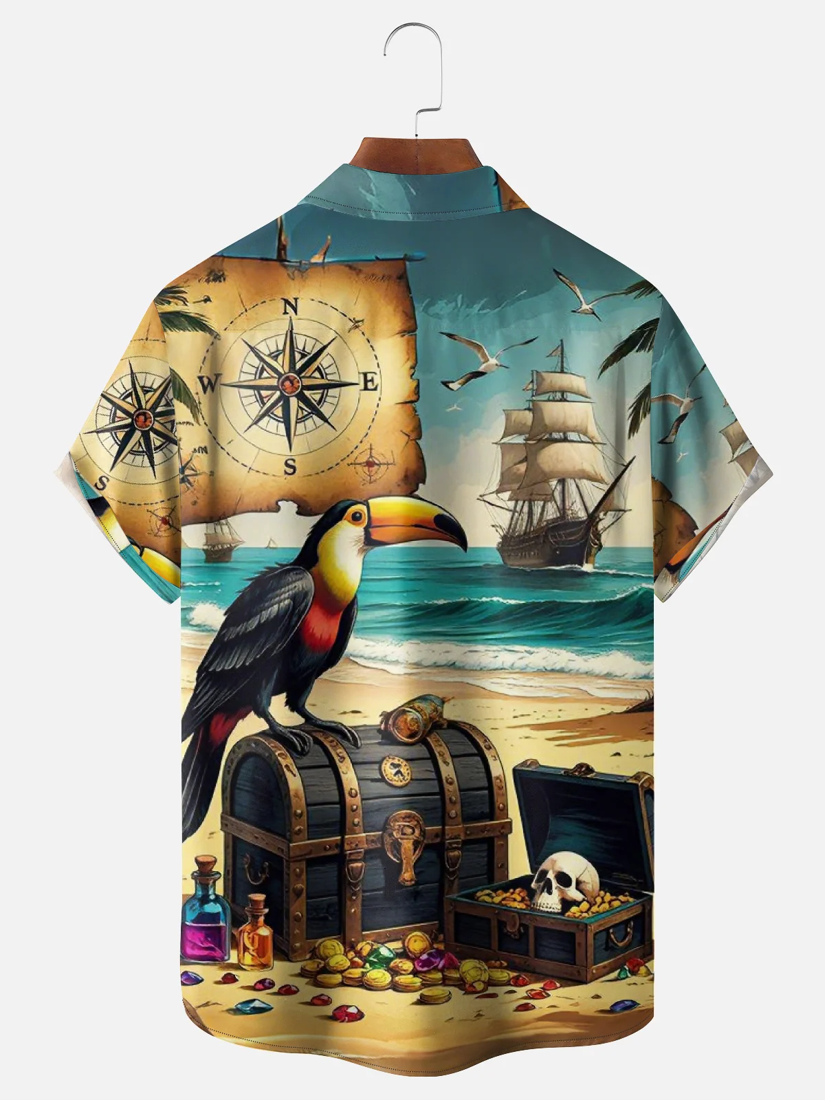 Moisture Wicking Sailboat Parrot Treasure Chest Pocket Holiday Shirt