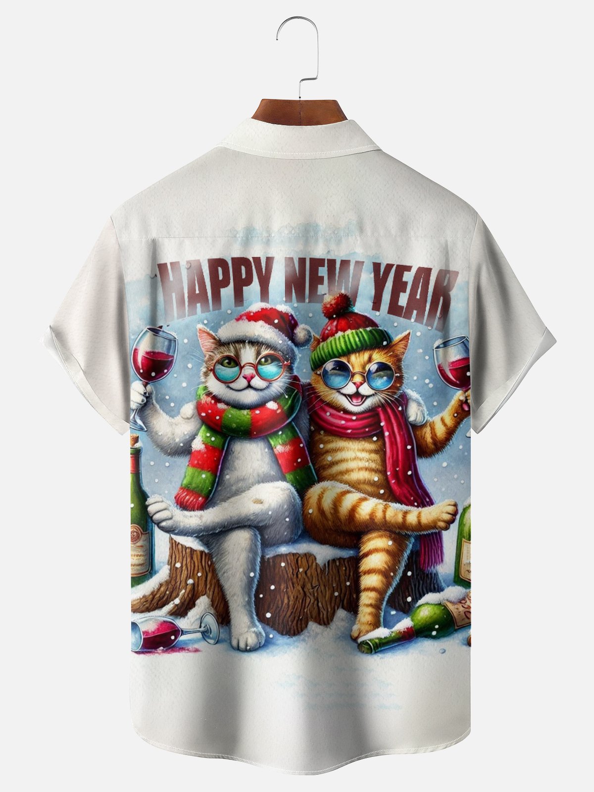 Moisture-wicking New Year Cat Fun Red Wine Chest Pocket Casual Shirt