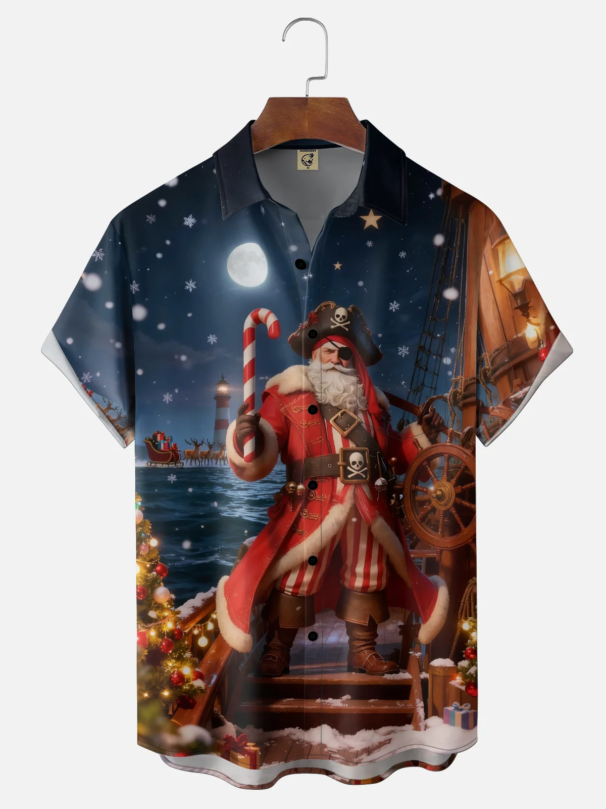 Moisture-wicking Christmas Santa Pirate Ship Chest Pocket Casual Shirt