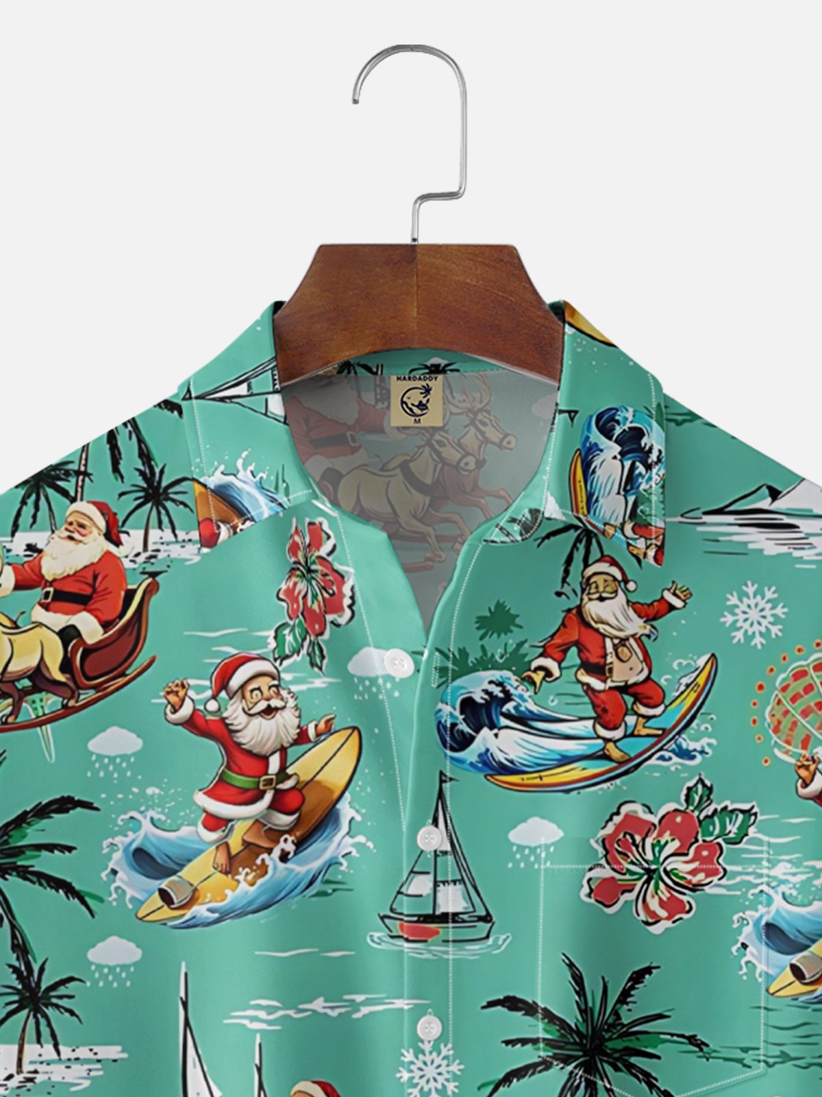 Moisture Wicking Santa Claus Beach Surfing Coconut Tree Chest Pocket Holiday Shirt