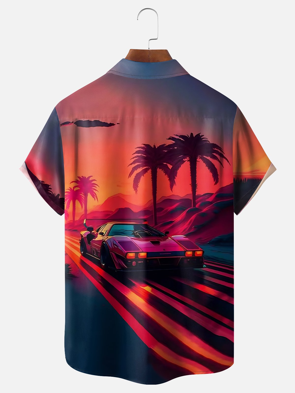 Moisture Wicking Vintage Sunset Car Chest Pocket Holiday Shirt