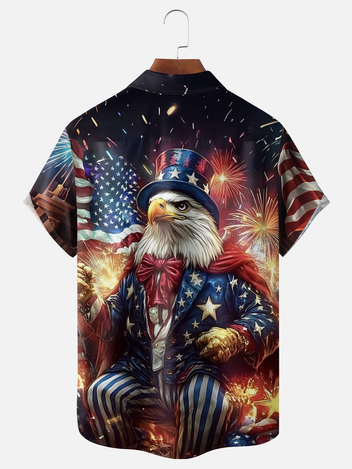 Moisture Wicking Gradient New Year Fireworks Eagle American Flag Chest Pocket Holiday Shirt