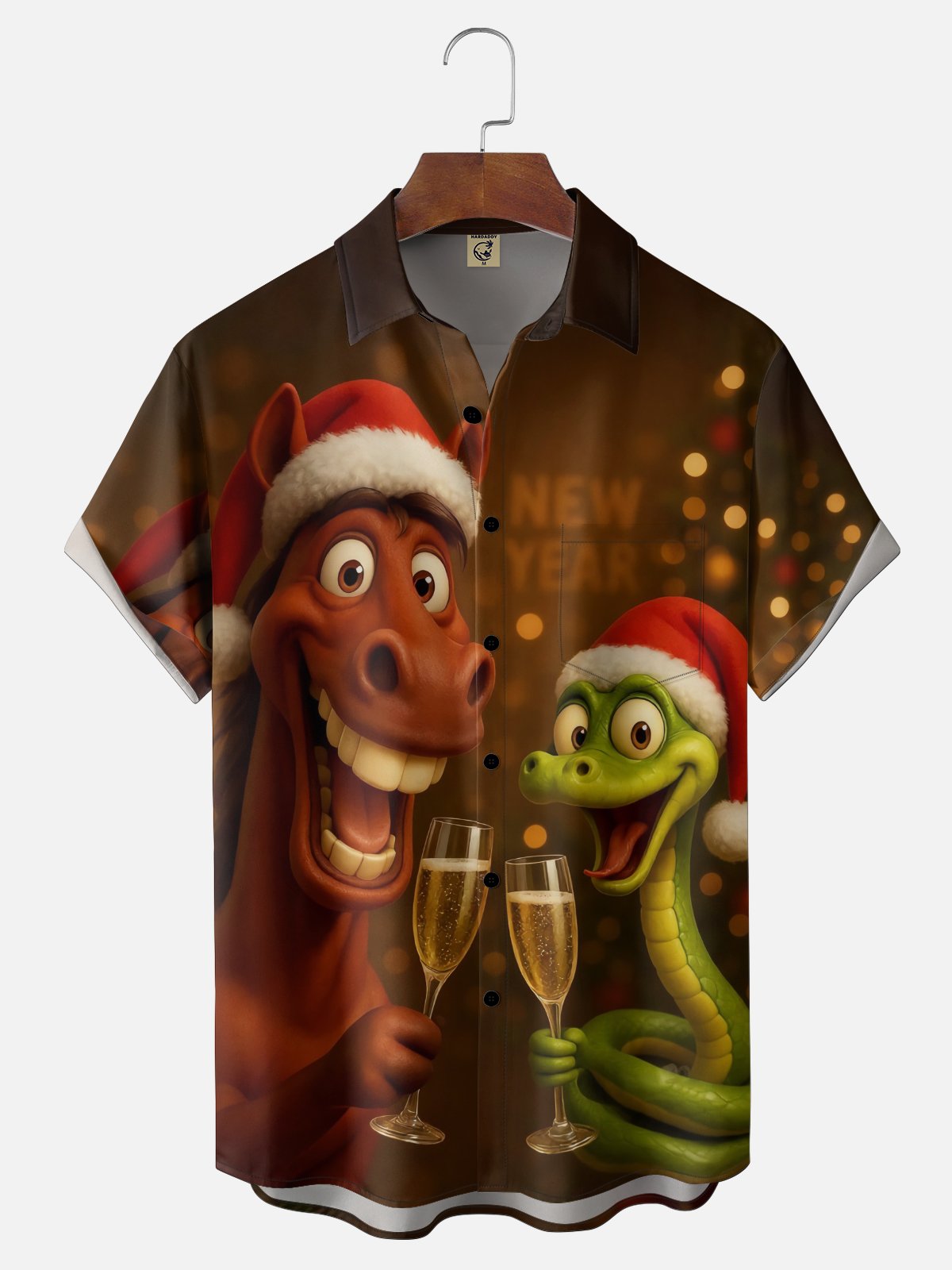 Moisture-wicking Christmas Happy New Year Horse Snake Chest Pocket Casual Shirt