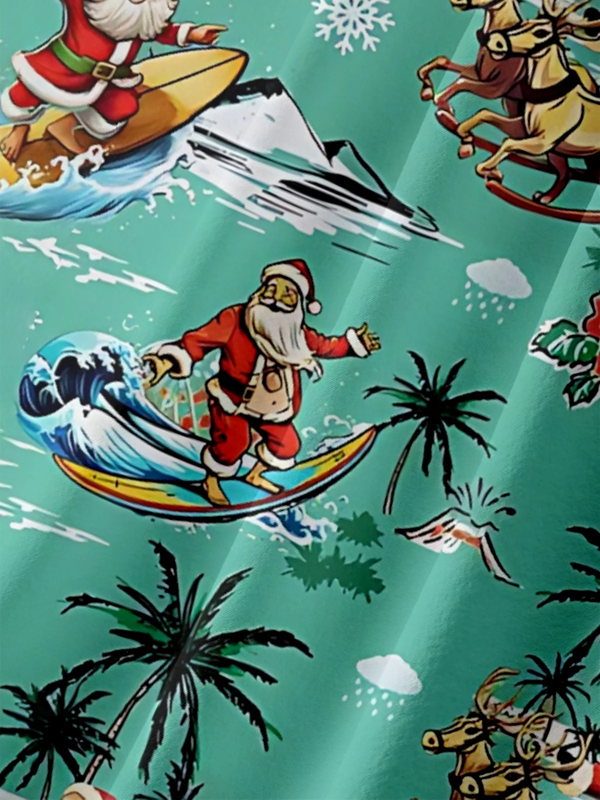 Moisture Wicking Santa Claus Beach Surfing Coconut Tree Chest Pocket Holiday Shirt