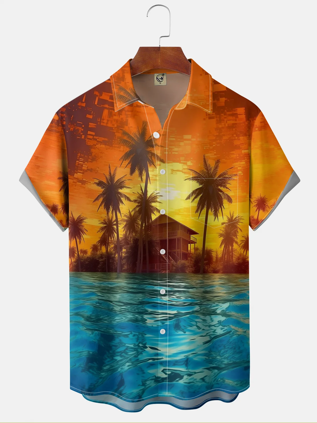 Moisture-wicking Beach Sunset Scenery Chest Pocket Hawaiian Shirt