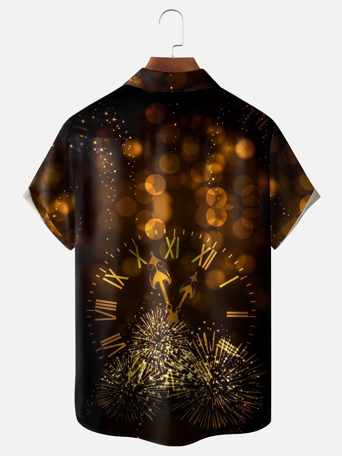 Moisture Wicking Happy New Year Gradient Fireworks Godzilla Glass Chest Pocket Holiday Shirt