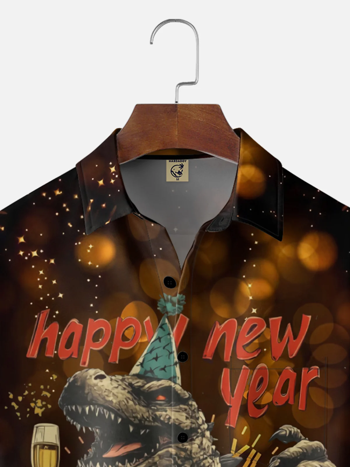 Moisture Wicking Happy New Year Gradient Fireworks Godzilla Glass Chest Pocket Holiday Shirt