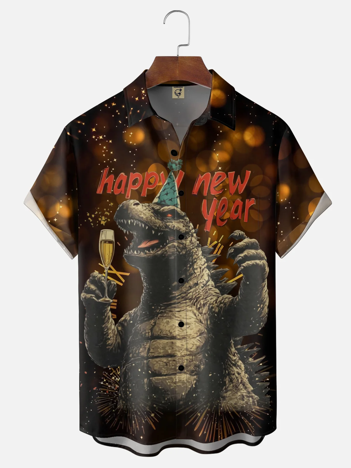 Moisture Wicking Happy New Year Gradient Fireworks Godzilla Glass Chest Pocket Holiday Shirt
