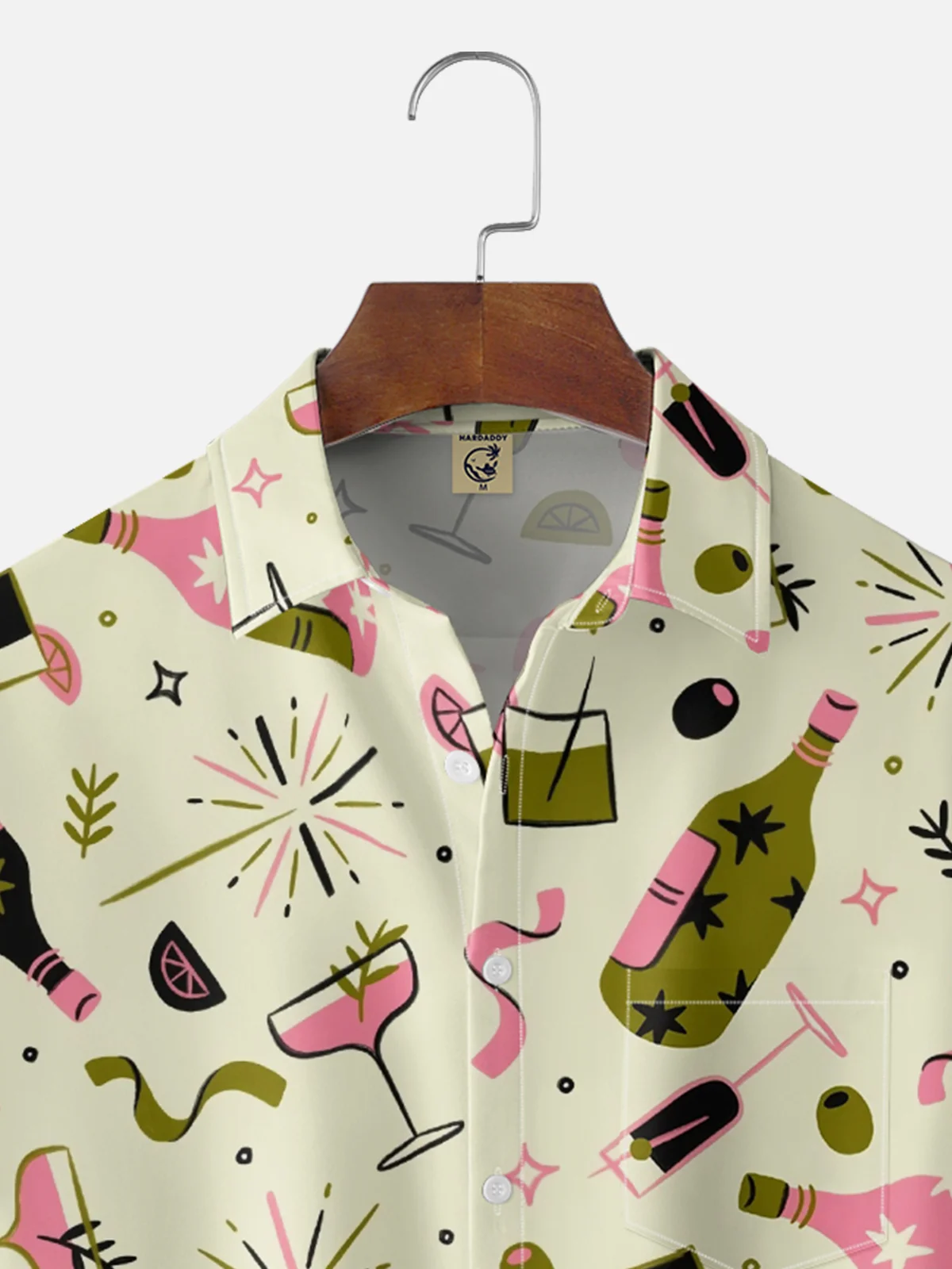 Moisture-wicking Happy New Year Cocktail Geomatric Chest Pocket Hawaiian Shirt