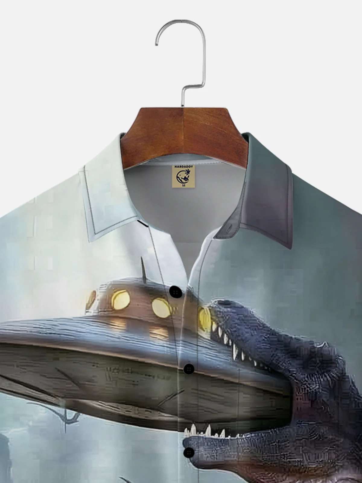 Moisture-wicking Dinosaur vs. Alien UFO Chest Pocket Hawaiian Shirt