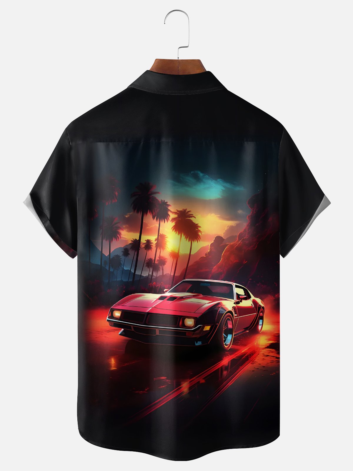 Moisture Wicking Sunset Scenery Vintage Car Vacation Chest Pocket Holiday Hawaiian Shirt