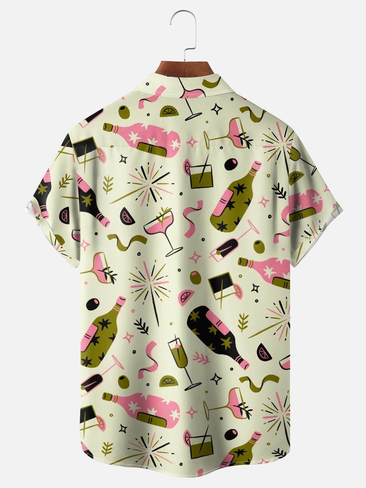 Moisture-wicking Happy New Year Cocktail Geomatric Chest Pocket Hawaiian Shirt