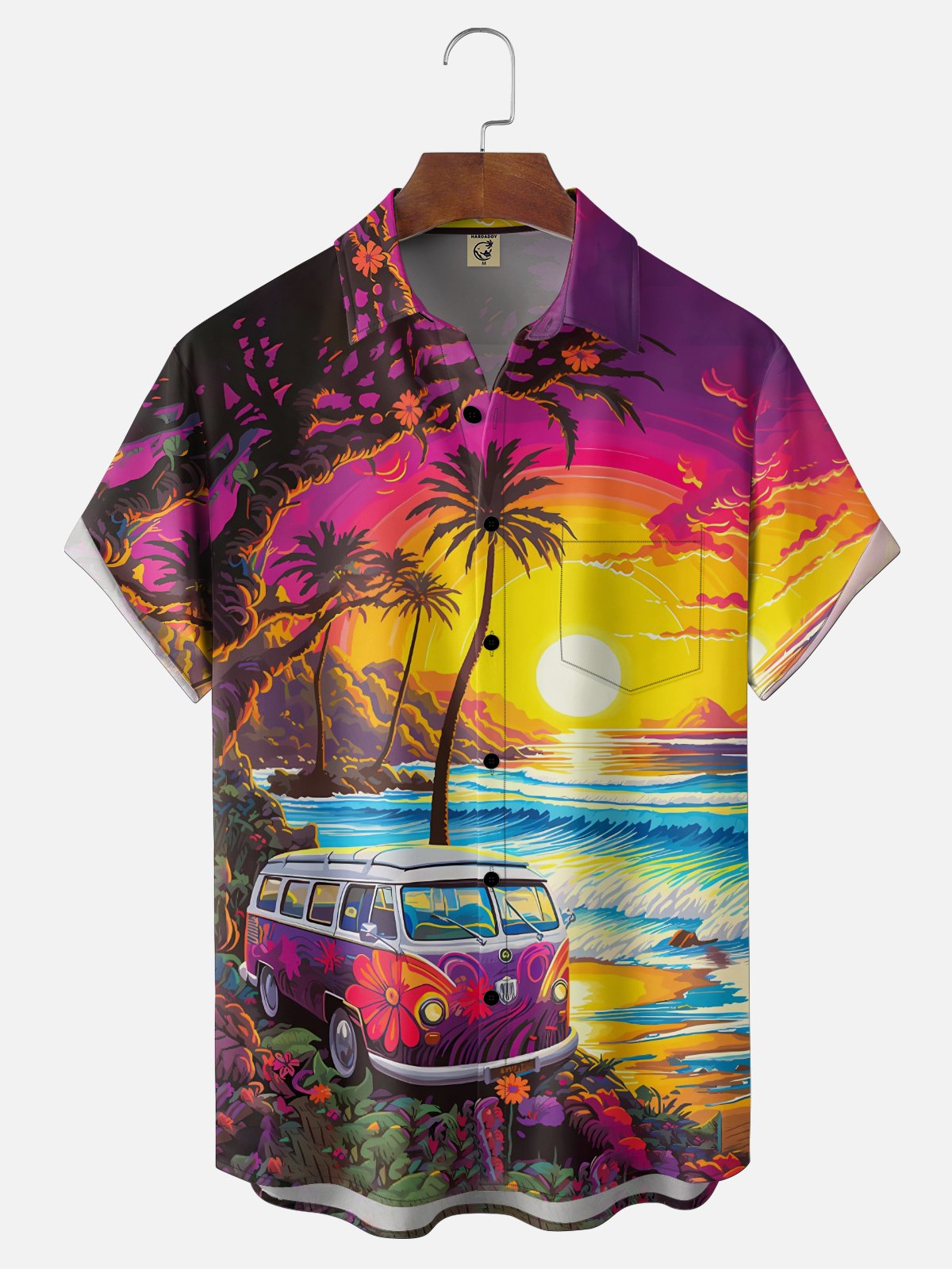 Moisture Wicking Sunset Scenery Vintage Car Vacation Chest Pocket Holiday Hawaiian Shirt